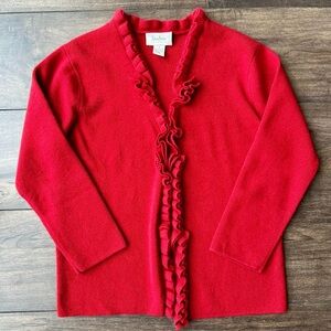 Neiman Marcus Cashmere: Red Ruffle Button Front Cardigan - Med - 100% Cashmere